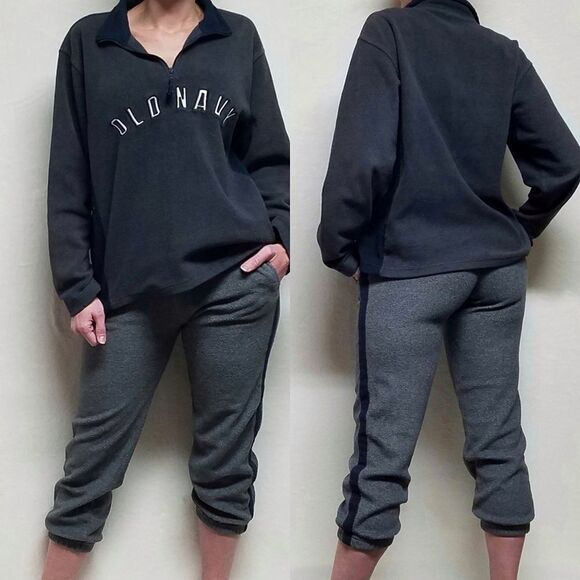 VINTAGE Old Navy Quarter-Zip Gray Striped Fleece Sweater Cropped Joggers Set Med - Picture 1 of 16